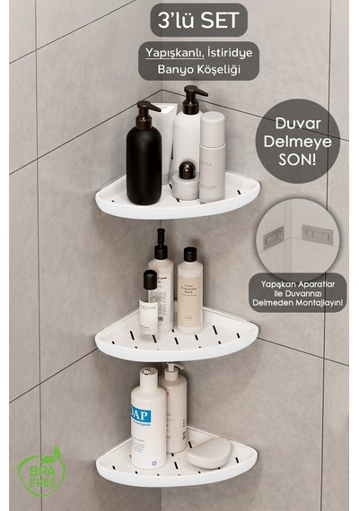 3 Adet Yapışkanlı Banyo Düzenleyici Duş Rafı - Şampuanlık Sabunluk Banyo Köşeliği Köşe Rafı Beyaz Beyaz