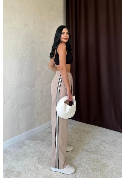 Defymoda Bej Yanları Şeritli Pantolon Bej