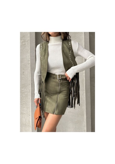 Verymoda Süet Fermuarlı Etek F0121 Haki