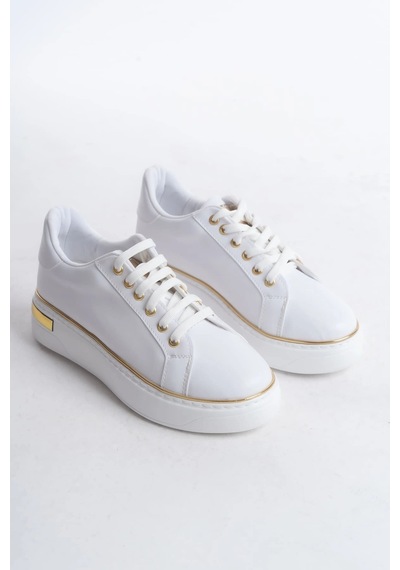 Mevese Elora Bağcıklı Konfor Taban Kadın Sneaker Beyaz/altın