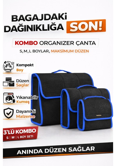 Oto Bagaj Organizer Bagaj Çantası 3'lü Kombo Boy Kaymaz Cırt Bantlı Velur Kompakt Düzenleyici - Vcx2