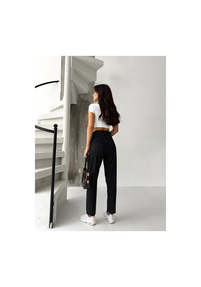 Kene Jeans Siyah Bacak Taşlı Mom Jeans Siyah