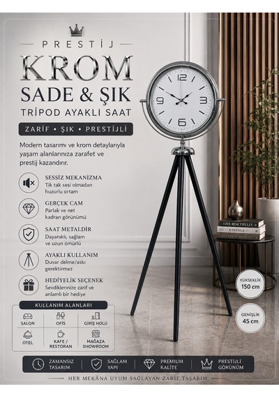 Krom Sade & Şık Tripod Ayaklı Saat