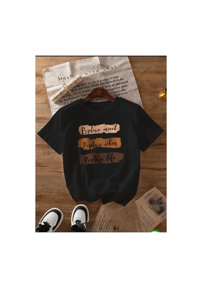 Medinenur Positive Life Yazı Detaylı Basic T-shirt Siyah