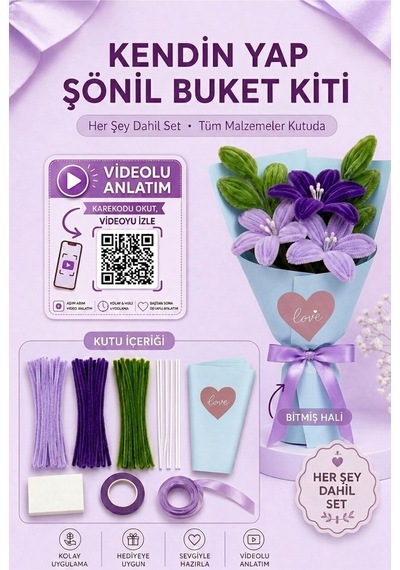 Lila Lilyum Buketi Kendin Yap Dıy Kiti 65 Adet Şönil İçerir Hobi Ve Hediye Seti