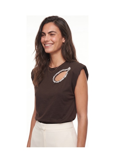 Onloox Kadın Acı Kahve Acı Kahve Pamuklu Vatkalı Omuz Detaylı Rahat Kalıp Taş İşlemeli Pencere Detaylı T-shirt Acı Kahverengi