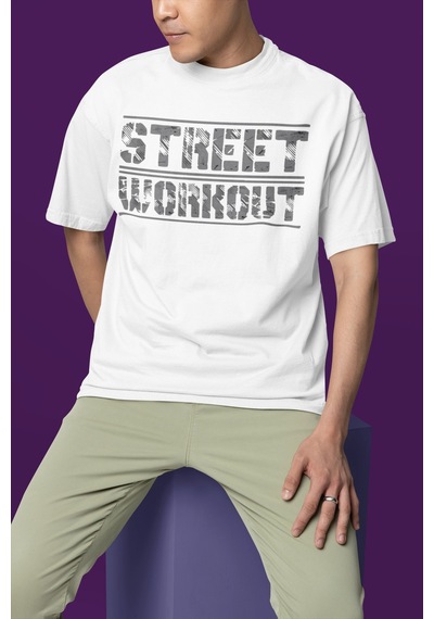 Street Workout Calisthenics Sırt Baskılı Unisex Oversize Sporcu T Beyaz