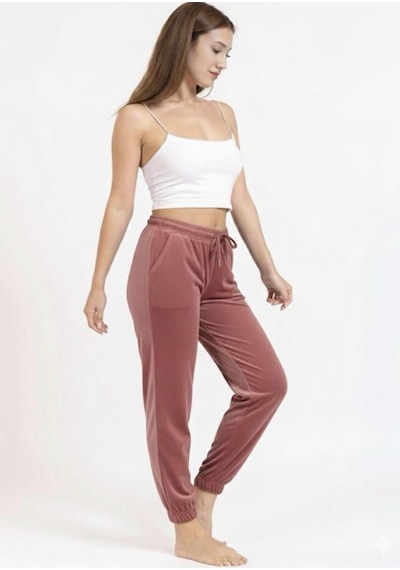 Kadın Soft Cepli Fransız Kadife Tek Alt Pijama Gülkurusu