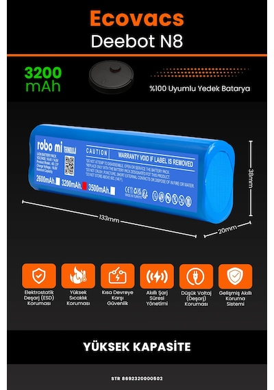 Ecovacs Deebot N8 Uyumlu 3200mah Robot Süpürge Bataryası - Yüksek Kapasite