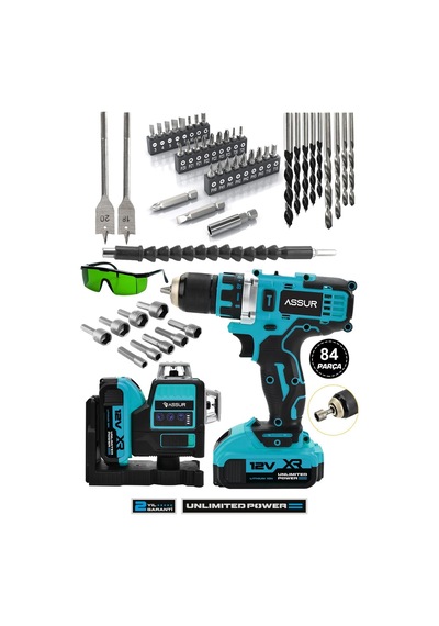 Assur Profesyonel 12v Çift Akülü 12 Köşe 360 Lazer Hizalama & Akülü Vidalama 84 Parça Set-1654