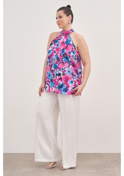 Myline Halter Yakalı Desenli Bluz-1802 Pembe