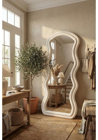 Ayaklı Kumaşlı Boy Aynası - Modern Dalgalı Tasarım Büyük Boy Ayna 182x87 Cm Bej