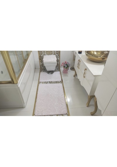 Gofraj Pembe Banyo Halısı Klozet Takımı 3'Lü Set Pembe