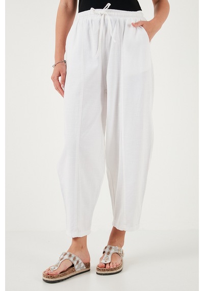 Lela Pamuklu Relaxed Fit Normal Bel Daralan Paça Bayan Pantolon 668Yp5198 Beyaz