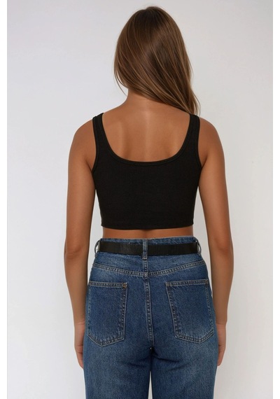 Hiccup Basic Bisiklet Yaka Crop Üst Siyah