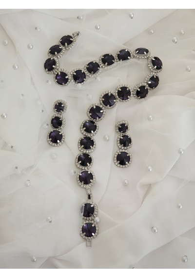 Riviere Kristal Taşlı Çiçek Model Mor Renkli Kolye Küpe Set