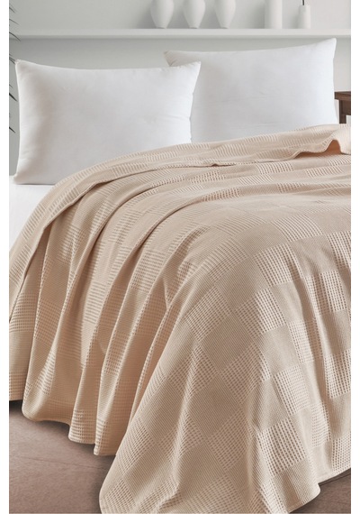 Battal Boy %100 Pamuk Pike Örtü 230x240cm Karo Desenli Bej Weave Serisi Bej