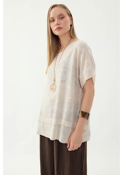 Vitrin %100 Keten Çiçekli Oversize Bluz Bej