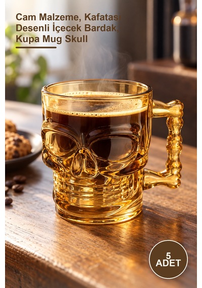 5 Adet Cam Kurukafa Kupa Bardak Cam Malzeme, Kafatası Desenli İçecek Bardak, Kupa Mug Skull