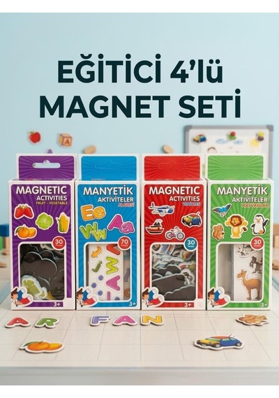 4'lü Magnet Oyun Seti 30 Parça Taşıtlar Meyveler Hayvanlar Ve 70 Parça Alfabe Oyun Seti