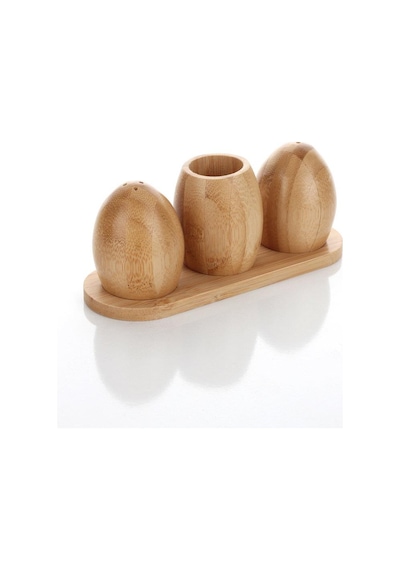 Atbyhome Standlı 4 Parça Bambu Tuzluk Biberlik Kürdanlık Seti 17x7 Cm - Masa Üstü Baharatlık Takımı