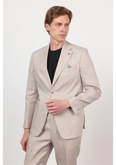 İmza Bej Mono Yaka Keten 6 Drop Slim Fit Yarım Astar %100 Keten Takım Elbise 1001260164 Koyu Bej