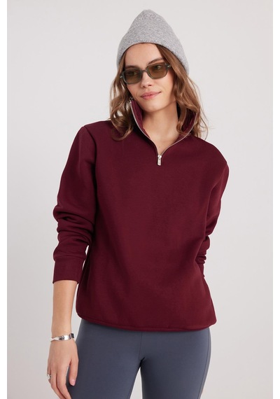 Tudors Kadın Relax Fit Rahat Kesim Pamuklu İçi Polarlı Yarım Fermuarlı Bordo Dik Yaka Sweatshirt-37889 Bordo