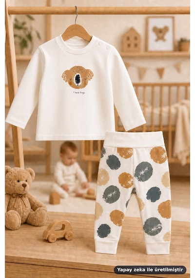 Ferasty İstanbul Unisex Bebek 2'li Takım Koala Baskılı Ekru