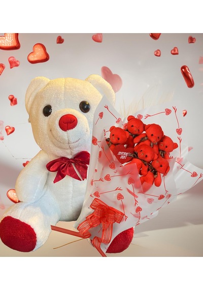 Sevimli 35 Cm Peluş Ayı İle Premium Yumoş Kırmızı Peluş Ayıcık Buketi