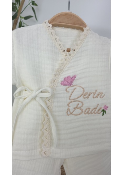 Gros Shop Müslin Yeni Doğan 4katlı Organik %100pamuk Kişiye Özgü Nakışlı Hastane Çıkış Seti Tavşan Model-3 Ekru-6