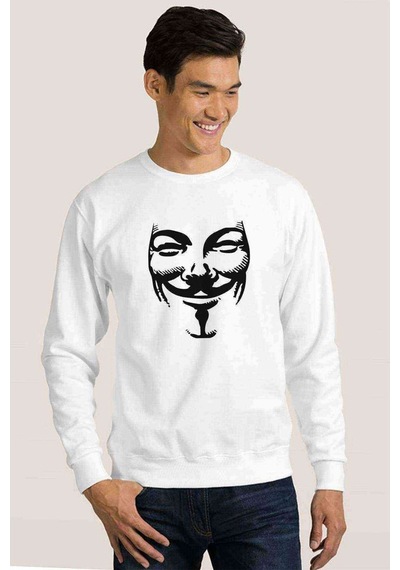 V For Vandetta Mask Baskılı Beyaz Erkek Örme Sweatshirt