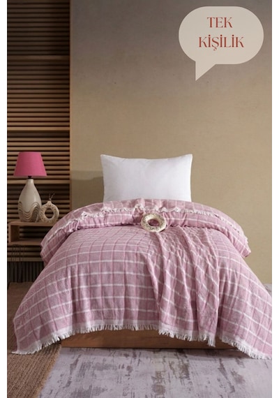 Miracolo Home Pembe Müslin 4 Katlı Yatak Örtüsü Pike Tek Kişilik Pamuklu Pike 170x205