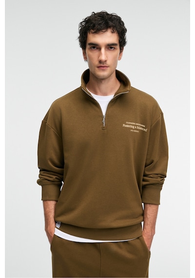 Grımelange BRAM Erkek %100 Pamuk Dik Yakalı Yarım Fermuarlı Baskılı Haki Sweatshirt