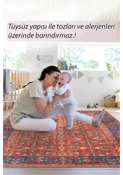 Foldy Vintage Desenli Dokuma Taban Dekoratif Kırmızı Halı Fl 20
