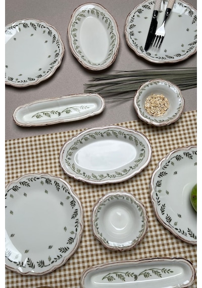 Tabak Evi Stoneware Flower Green Kahvaltı Takımı 6 Kişilik 14 Prç Beyaz - Yeşil