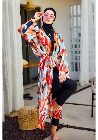 Remsa Mayo Remsa Tesettür Mayo Üzerine Tek Kaftan Kimono Pareo Turuncu Rp027 Lotus Turuncu