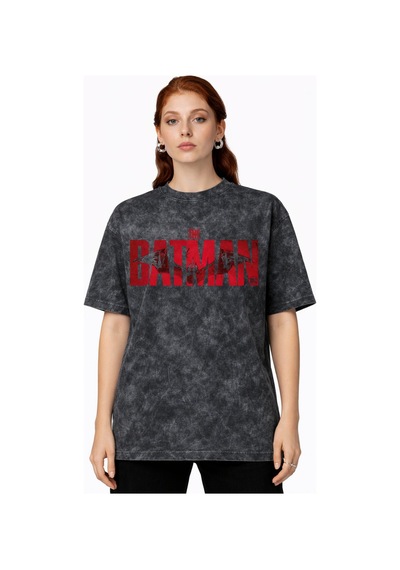 The Batman Kahraman Baskılı Unisex Oversize Vintage Yıkamalı Tişö Siyah