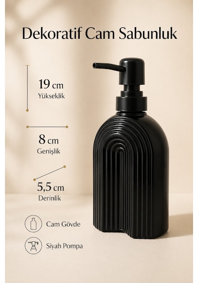 Çizgili Bohem Minimal Cam Sıvı Sabunluk - 250ml - 14x6x5.5 Cm Siyah