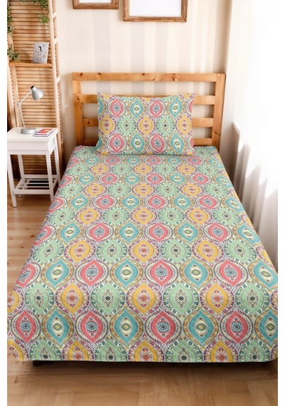 Bohem Etnik Mint Genç Odası Tek Kişilik Pike Takımı - Geometrik Sarı 160x220 Cm Yatak Örtüsü Bulanık Sis Pususu
