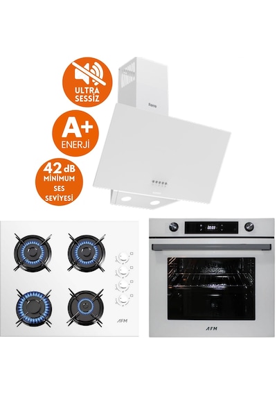 Afm Tech & Ferre FM7701 + FM2201 + D087-SA  Alfa Sessiz Turbo Dijital Beyaz Ankastre Set