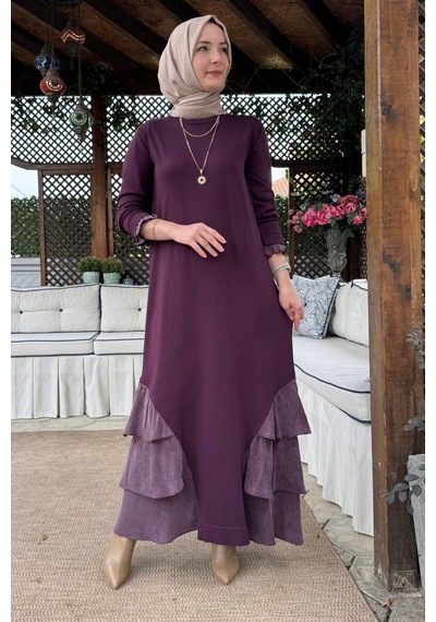 Rabia Şamlı Menekşe Cupra Detaylı Triko Elbise Mürdüm Normal