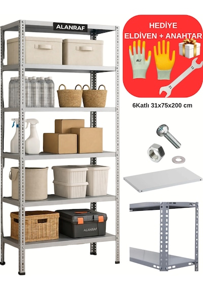 Çelik Raf 6 Katlı 31x75x200 Dekoratif, Depo Rafı, Arşiv Rafı, Kiler Rafı Eldiven Hediye Gri