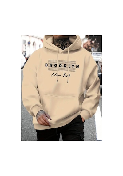 Medinenur Brooklyn Baskılı Kapüşonlu Sweatshirt Bej