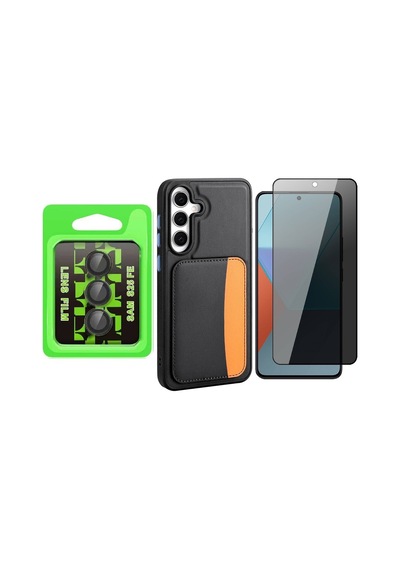 Vendas Galaxy Uyumlu  S25 Fe Kılıf Kartlıklı Zore X-kart Silikon Kapak + Kamera Lens+ Hayalet Ekran Koruyucu Siyah