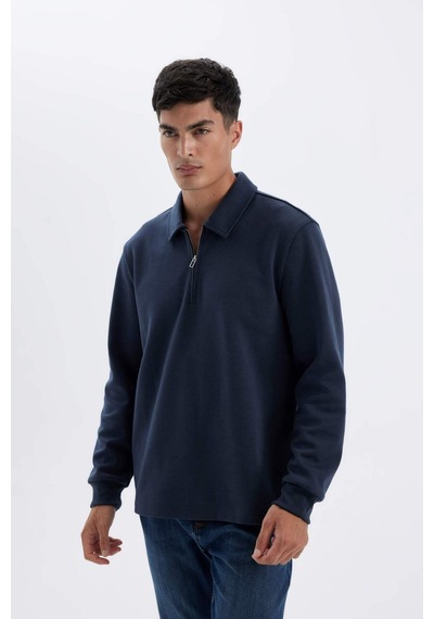 DeFacto Regular Fit Polo Yaka Yarım Fermuarlı Basic Düz Sweatshirt D2279AX24AUNV125 Lacivert