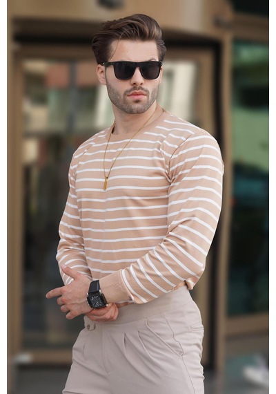 Madmext Camel Bisiklet Yaka Çizgili Kazak 7241 Camel