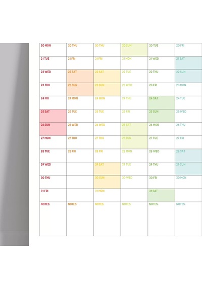 2027 Yıllık Planlayıcı Duvar Takvimi, Gökkuşağı Renkleri, Rainbow, Dikey