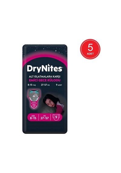 Drynites Kız Emici Gece Külodu 27-57 KG 8-15 Yaş 5 x 9 Adet 5'li