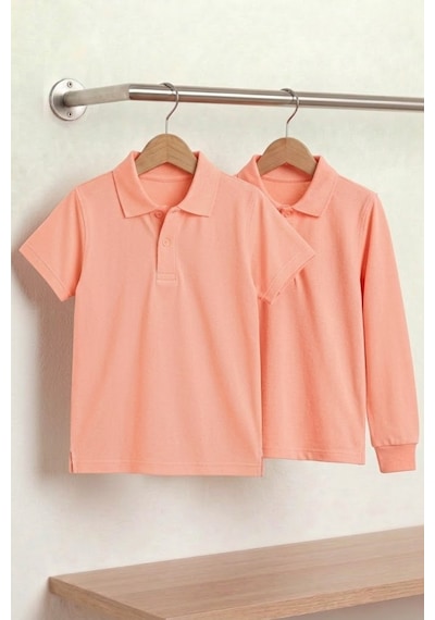 Nacar Store Unisex Çocuk Uzun Ve Kısa Kollu Polo Yaka Okul Tişörtü 2'li Set Somon