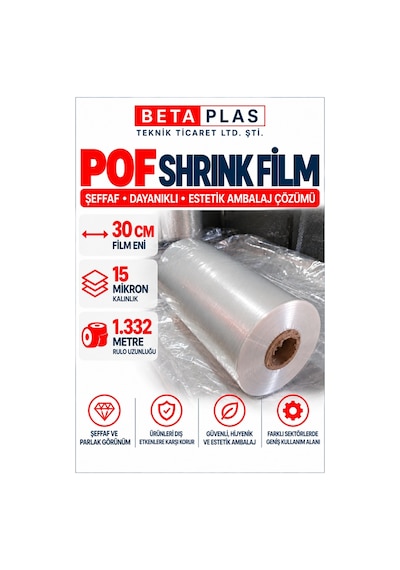 Betaplas POF(POLYOLEFİN) Shrink Film 30 cm x 15 Mikron- 1.332 Metre-Çift Katlı